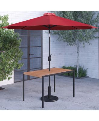 Outdoor Powder Coated Steel Dining Table With Faux Teak Poly Slat Top, 9' Patio Umbrella And Base