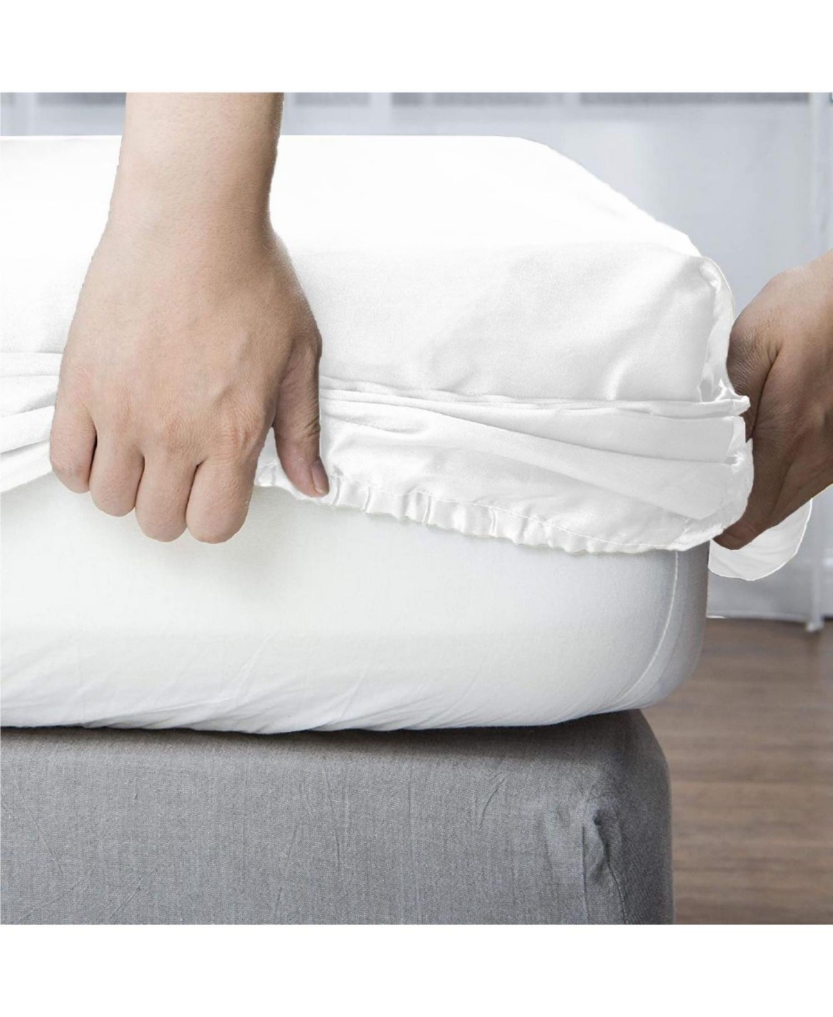 Night Satin Washable Fitted Sheet, White, Queen