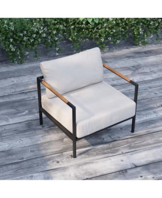 Eastport Outdoor Accent Chair With Removable Plush Fabric Cushions And Teak Accented Aluminum Frame