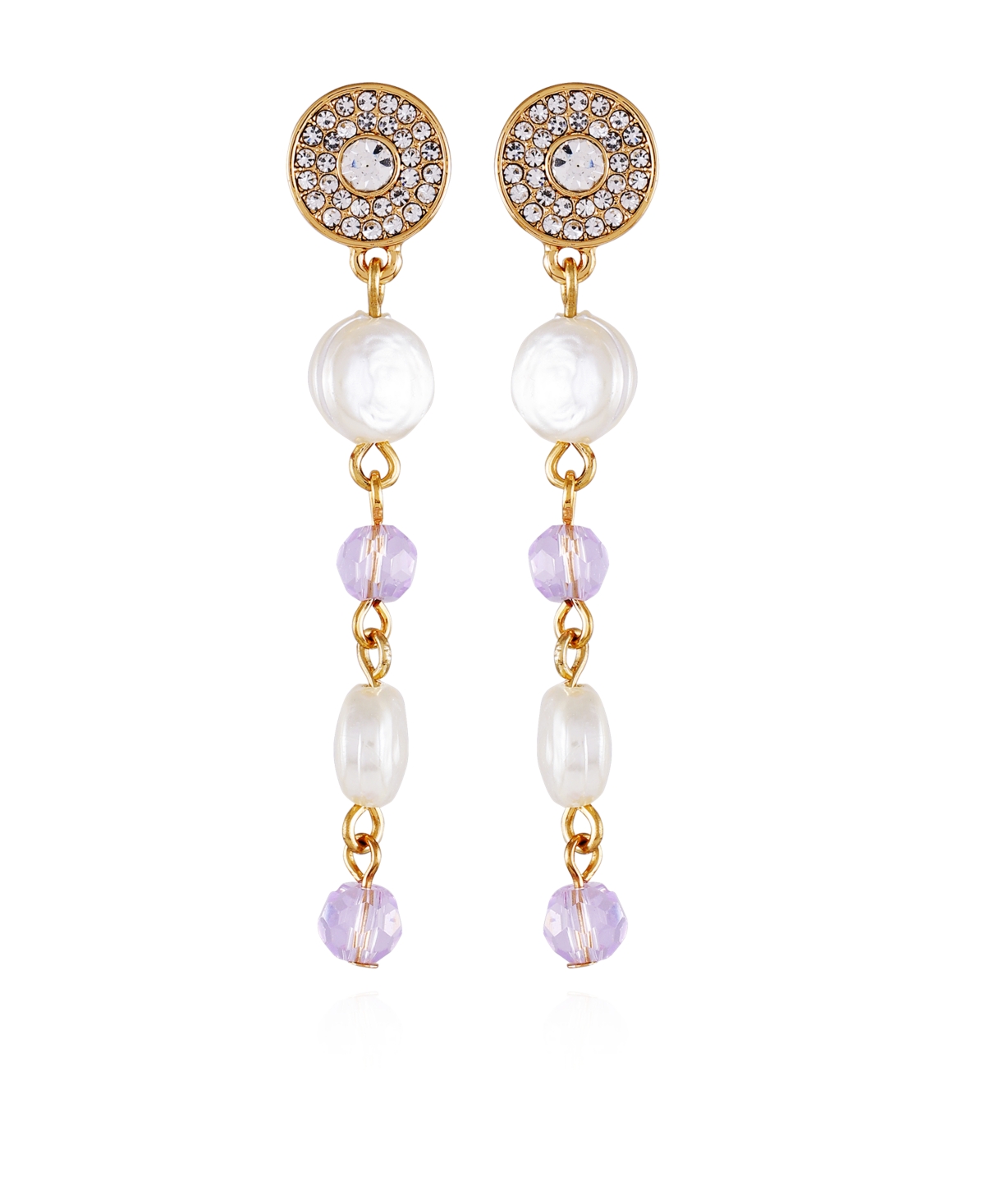 Gold-Tone Lilac Violet Glass Stone and Imitation Pearl Long Drop Earrings - Gold