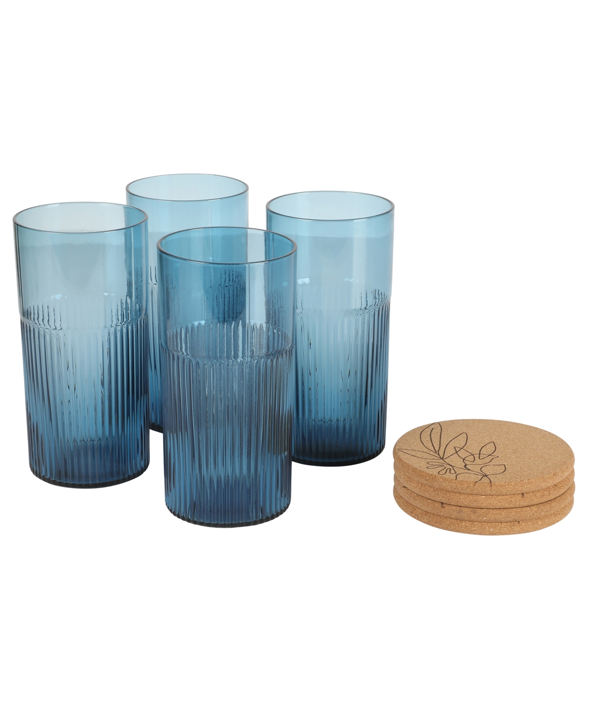 Bloomhouse 8 Pc Handmade Colored Glass 18.5 oz Tumbler Coaster Set In Blue