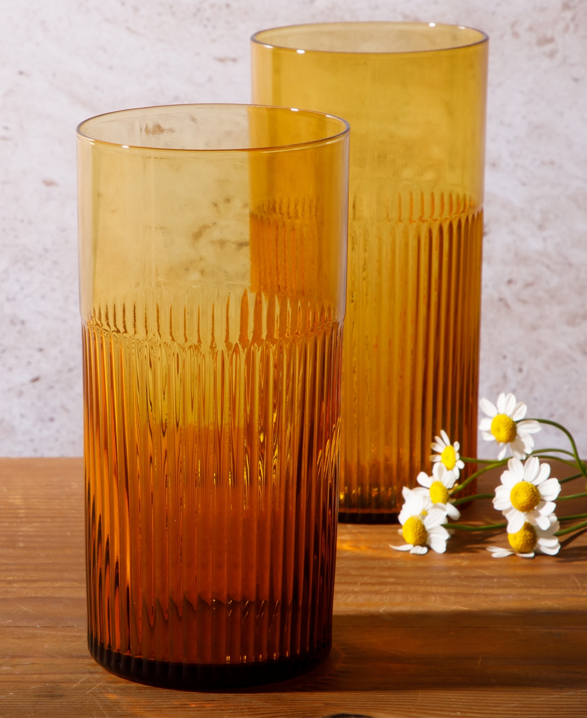 Bloomhouse 8 Pc Handmade Colored Glass 18.5 oz Tumbler Coaster Set In Tumeric