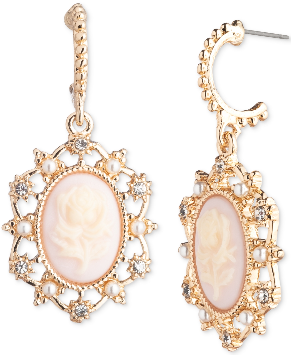 Shop Marchesa Gold-tone Crystal & Imitation Pearl Flower Cameo Drop Earrings In Pink