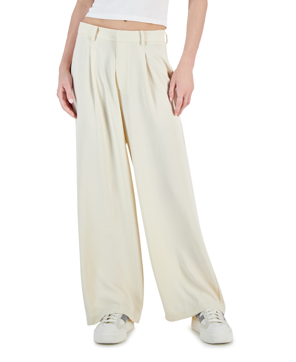 Shop Ultra Flirt Juniors' Airflow Pleated Wide-leg Trousers In Whitecap Grey