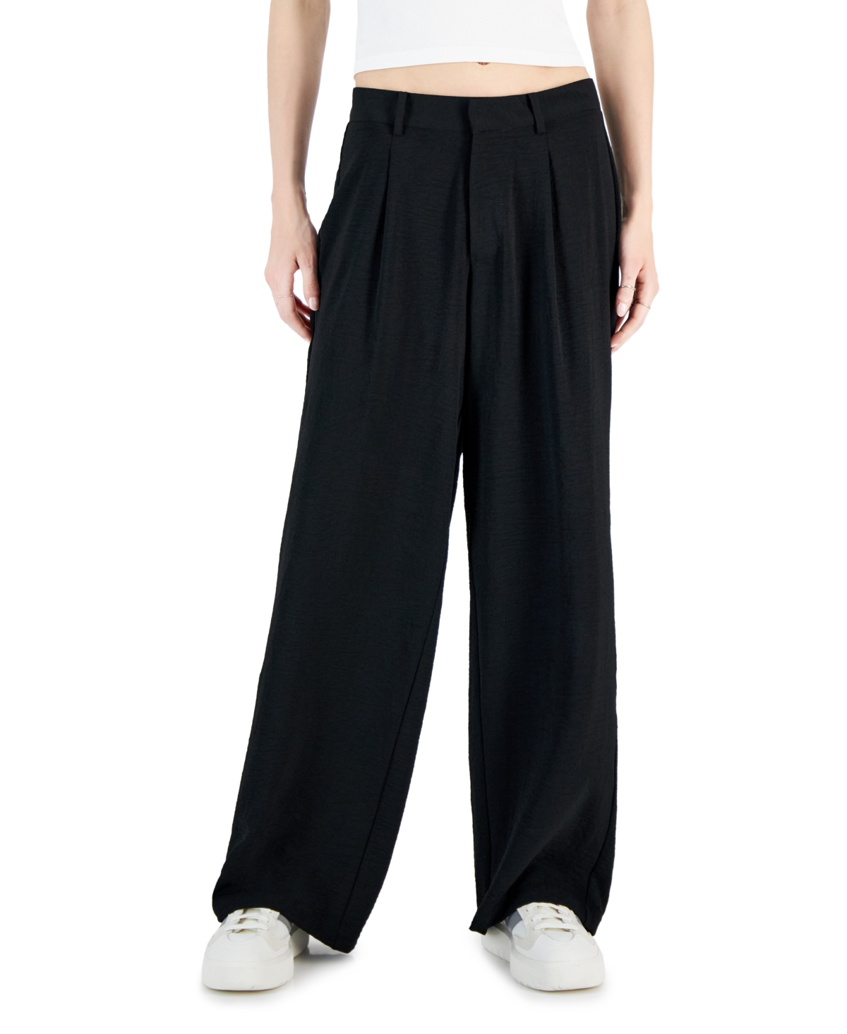 Shop Ultra Flirt Juniors' Airflow Pleated Wide-leg Trousers In Black