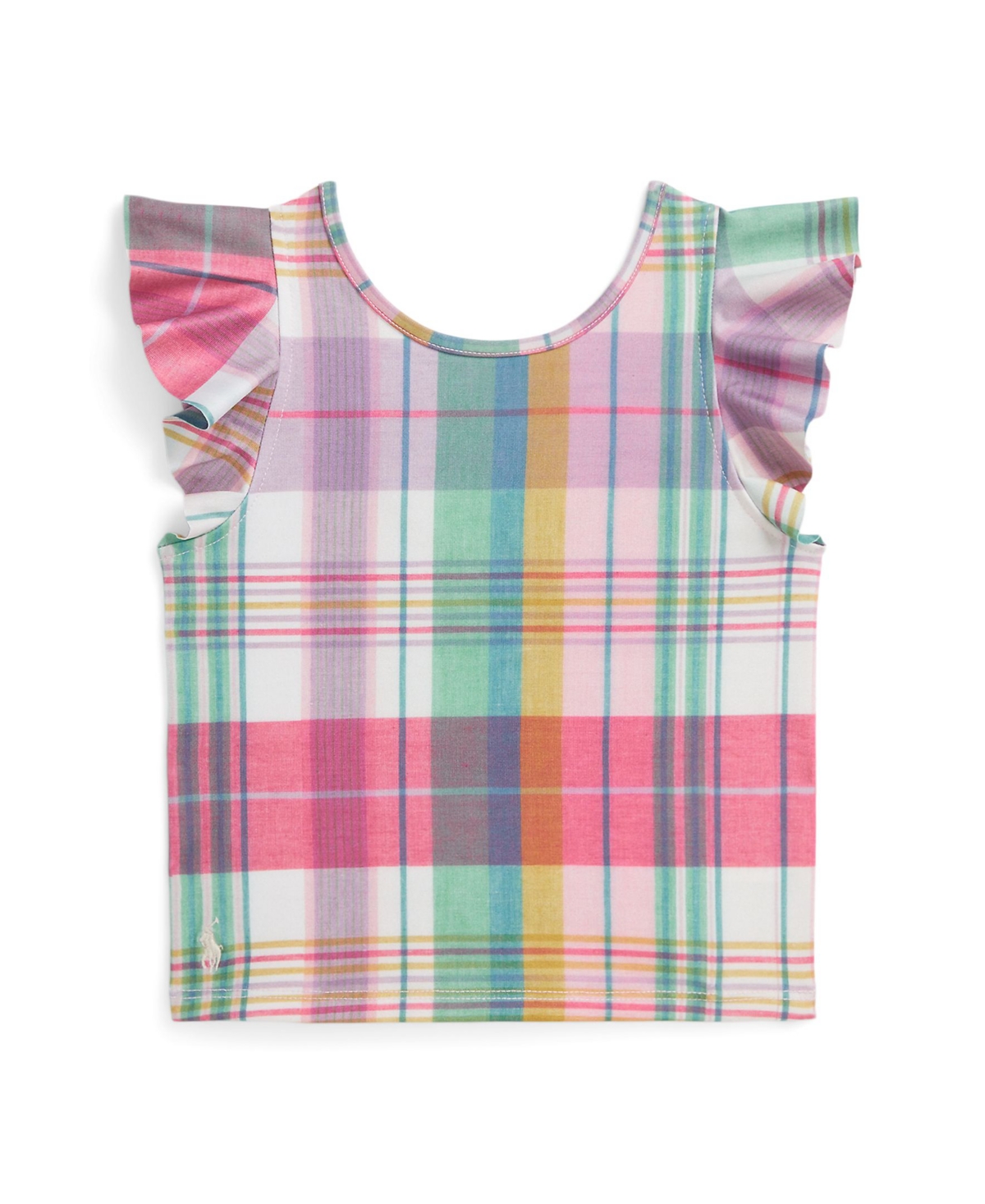 Polo Ralph Lauren Kids' Toddler And Little Girls Madras-print Performance Jersey Flutter Sleeves Top In Pastel Madras With Sweet Corn