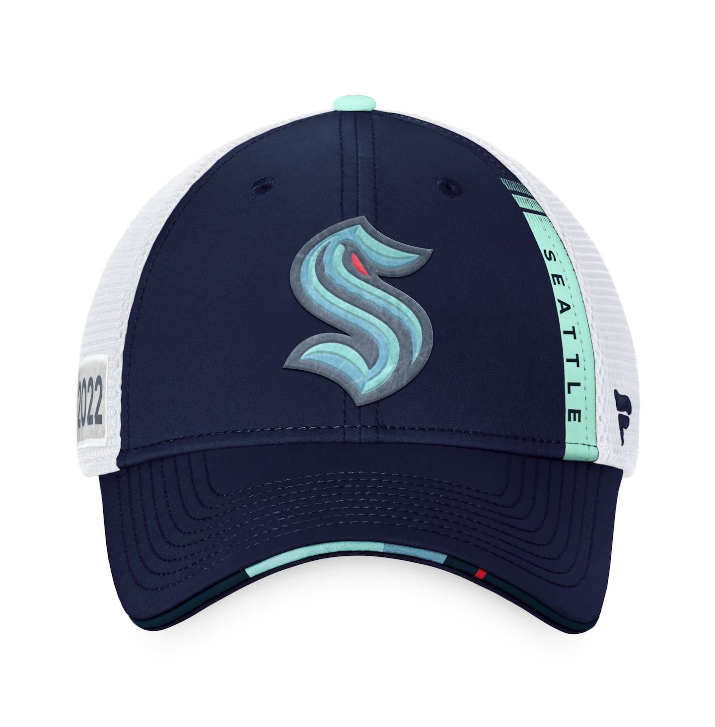 Мужская кепка Fanatics Navy, White Seattle Kraken 2022 NHL Draft Authentic Pro On Stage Trucker Adjustable Hat — фото 3