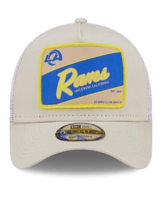 Men's Khaki, White Distressed Los Angeles Rams Happy Camper A-Frame Trucker 9FORTY Snapback Hat
