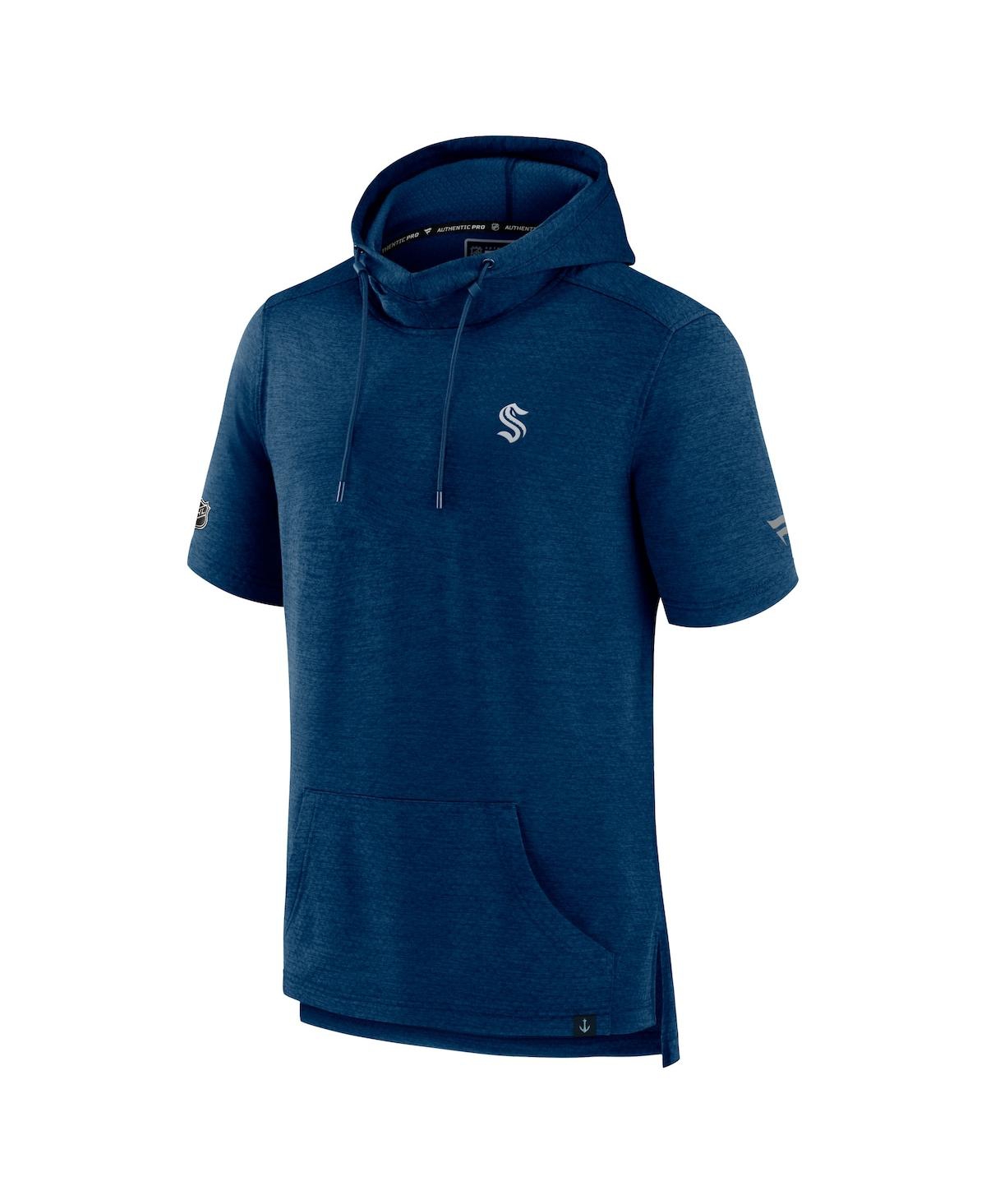 Men's FanaticsSeattle Kraken Authentic Pro Short Sleeve Pullover Hoodie - Heather Deep Sea Blue