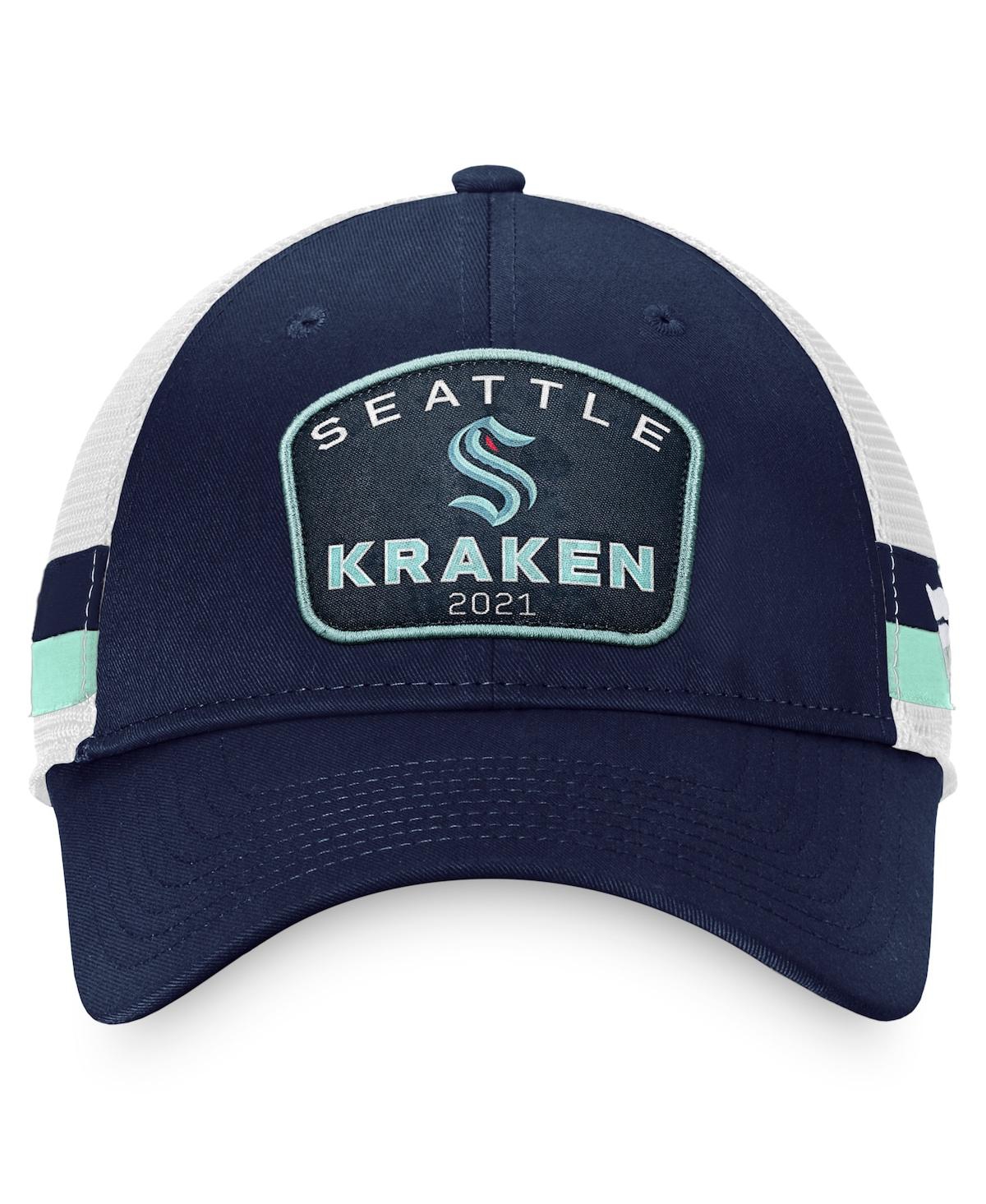 FANATICS MEN'S FANATICS DEEP SEA BLUE, WHITE SEATTLE KRAKEN FUNDAMENTAL STRIPED TRUCKER ADJUSTABLE HAT