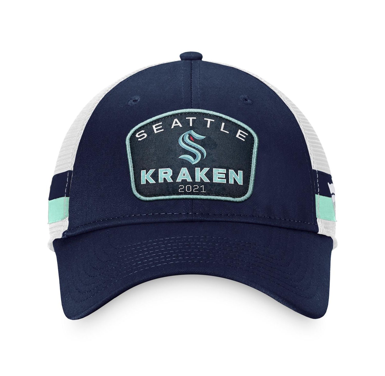Men's Deep Sea Blue, White Seattle Kraken Fundamental Striped Trucker Adjustable Hat
