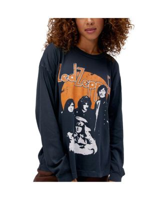 Women's Black Distressed Led Zeppelin Portrait Merch Long Sleeve T-shirt