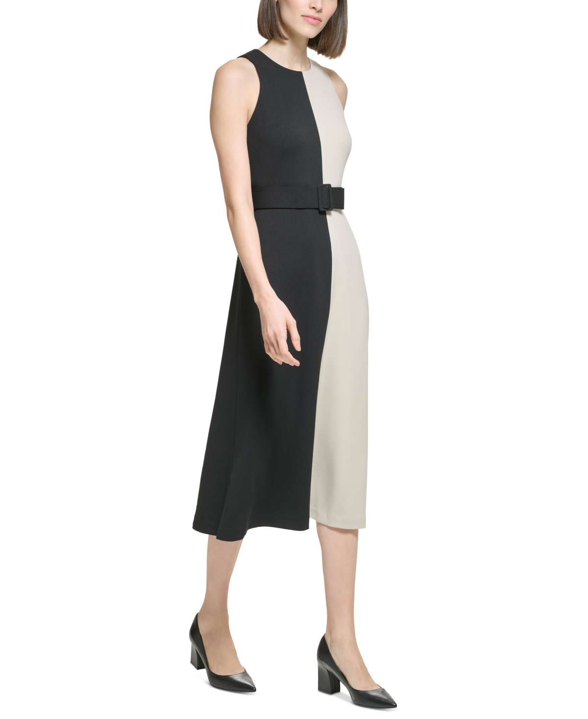 Shop Calvin Klein Petite Colorblocked Belted Scuba Crepe Dress In Black Khaki