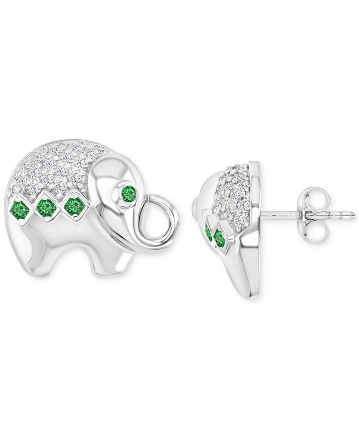 Macy's Simulated Nano Emerald (1/10 Ct. T.w.) & Cubic Zirconia Good Luck Elephant Stud Earrings In Silver