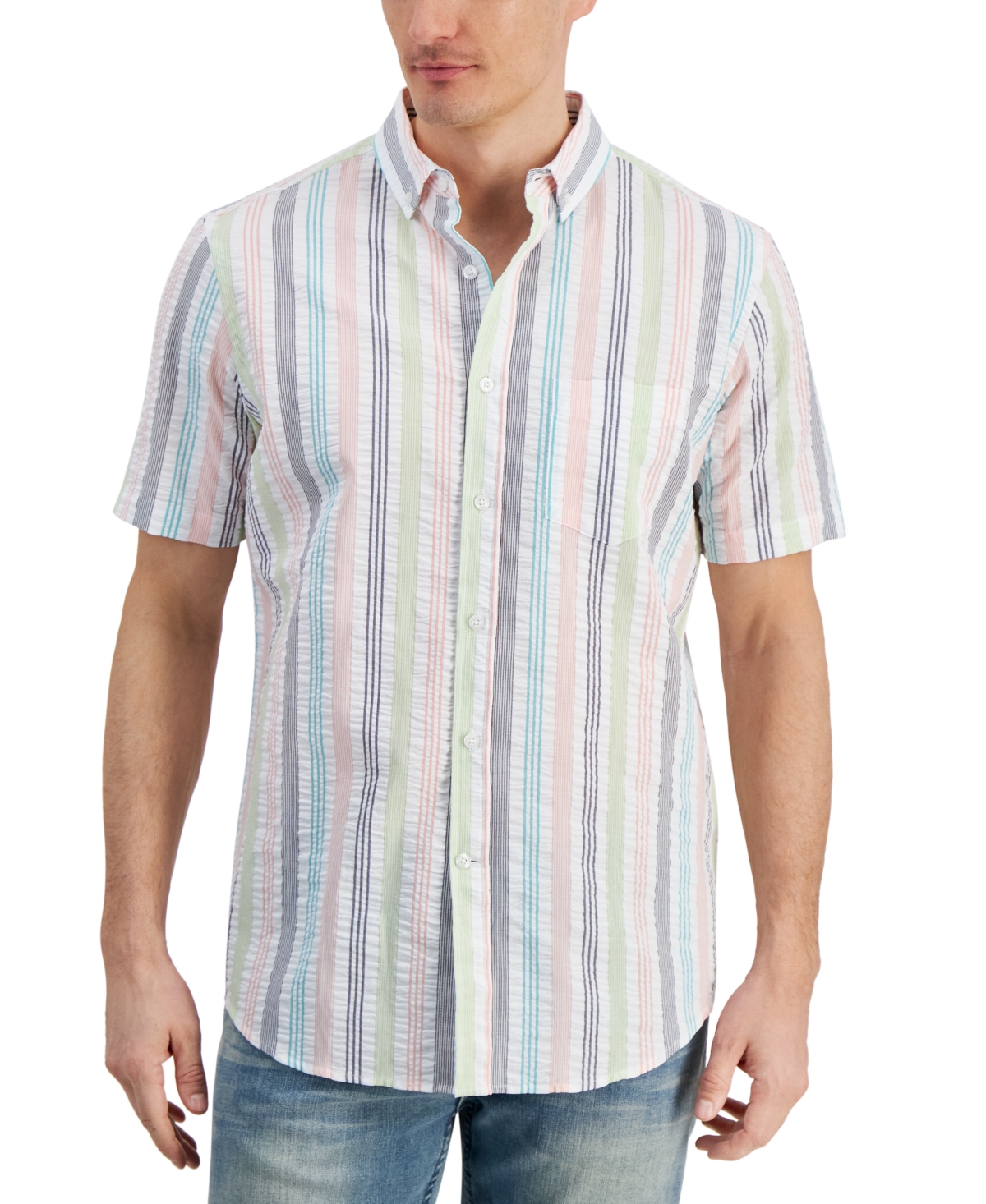 Men's Lucky Striped Short-Sleeve Seersucker Shirt, Created for Macy's - Navy Blue