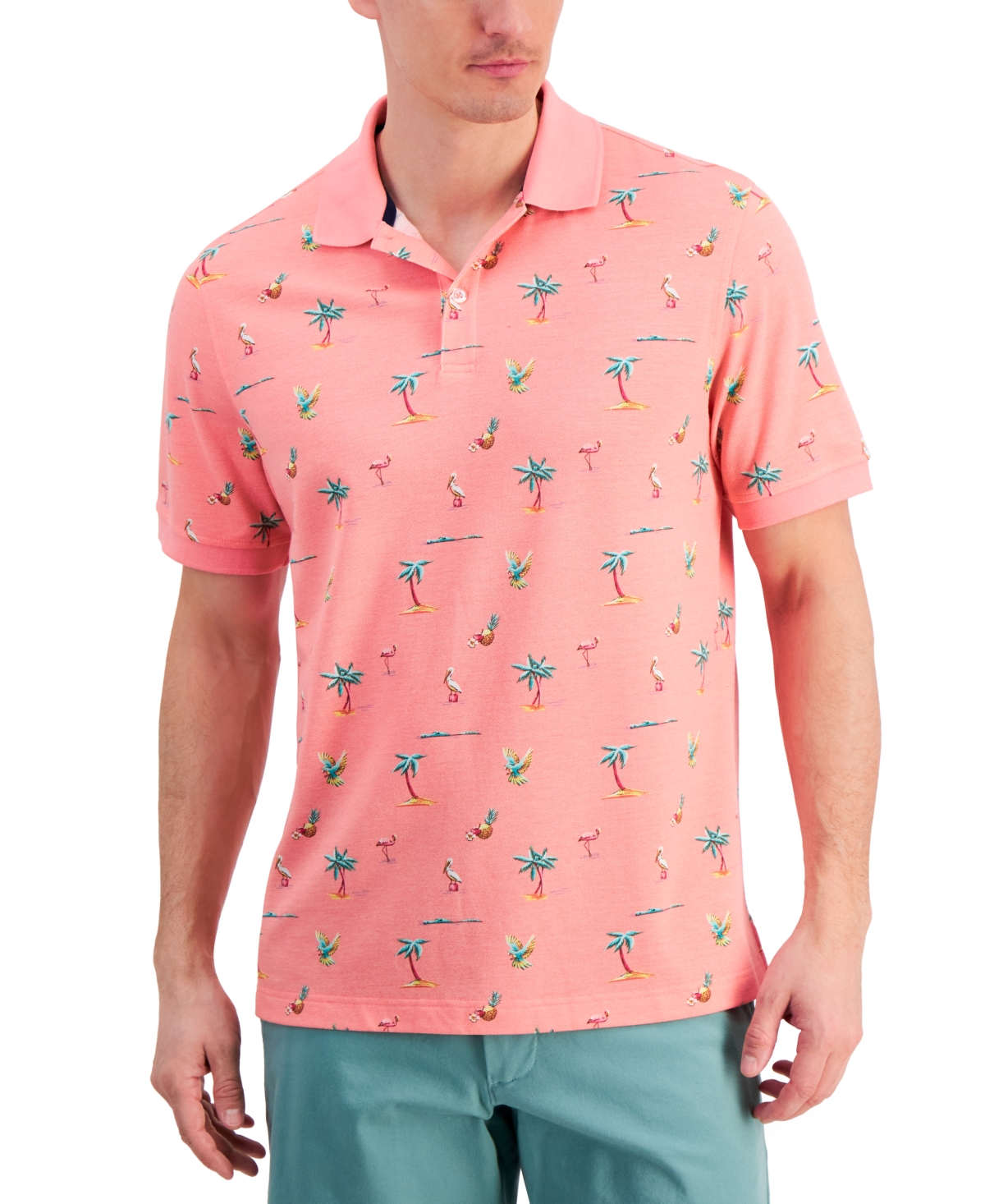 Men's Textured Short Sleeve Florida Life Print Performance Polo Shirt, Created for Macy's - Coral Cream