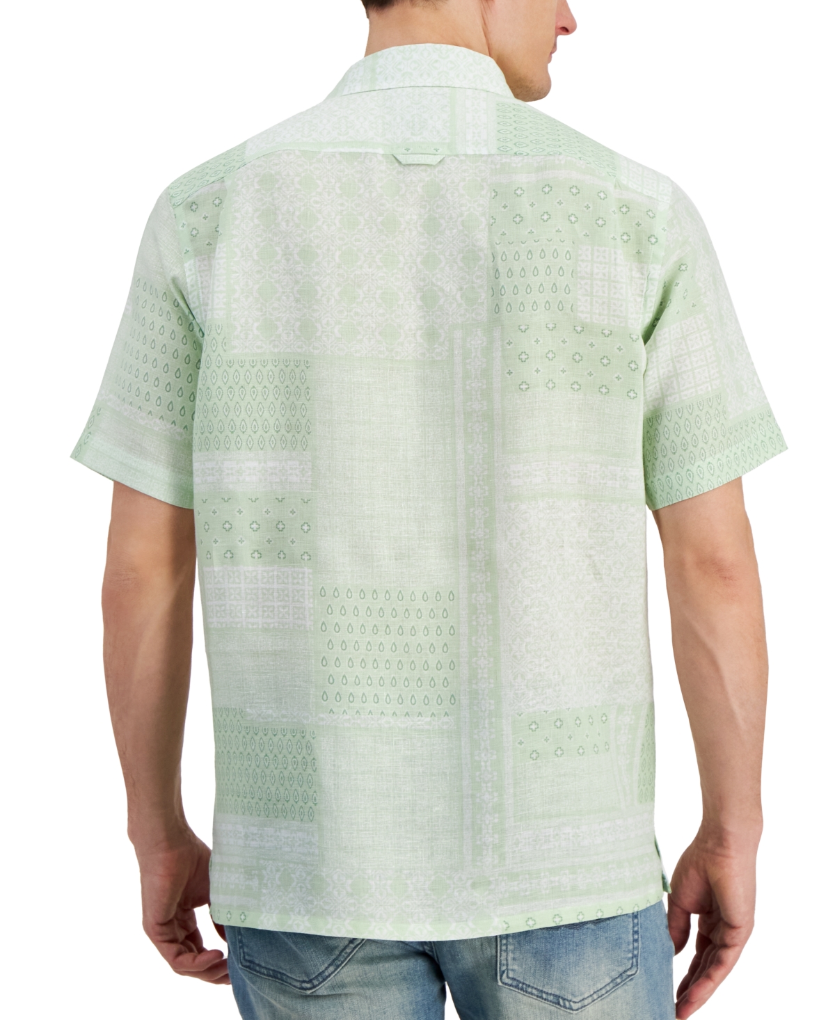 Shop Club Room Men's Patchwork Geo-print Short-sleeve Linen Shirt, Created For Macy's In Young Eucalypts