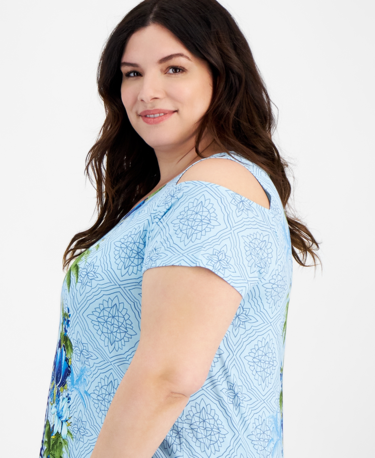 Jm Collection Plus Size Julia Jungle Cold-Shoulder Top, Created for Macy's