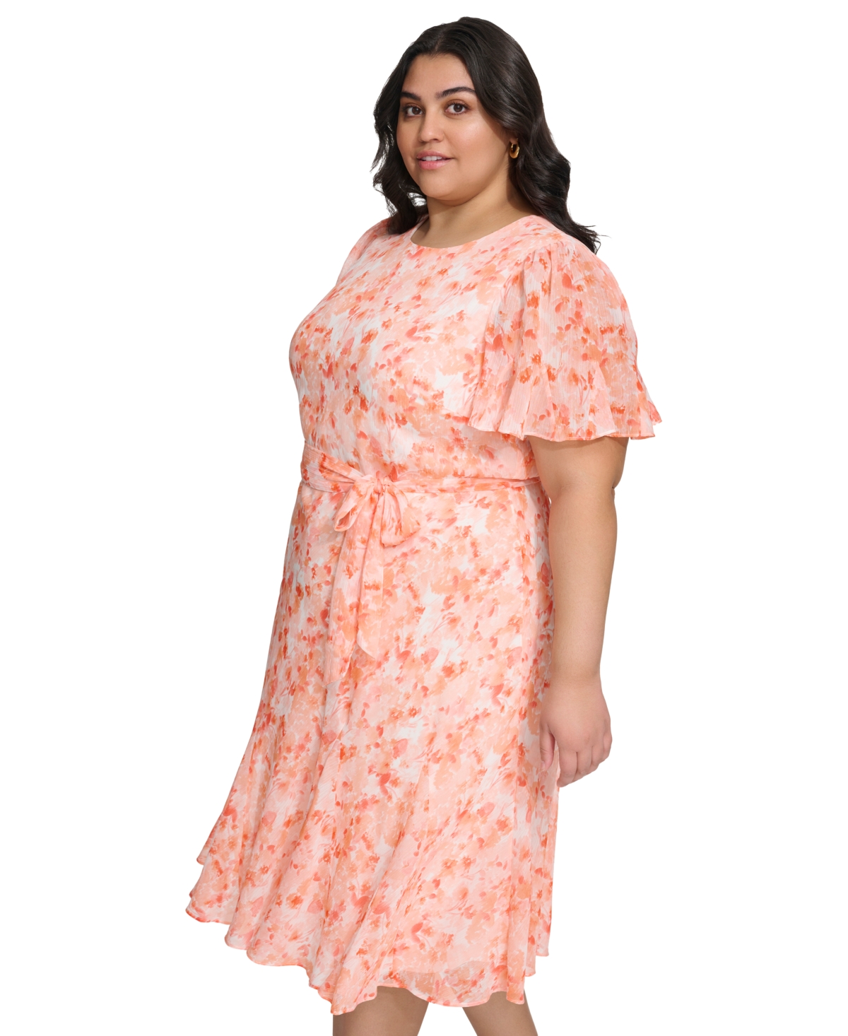 Shop Dkny Plus Size Jewel-neck Short-sleeve Chiffon Dress In Orange Multi