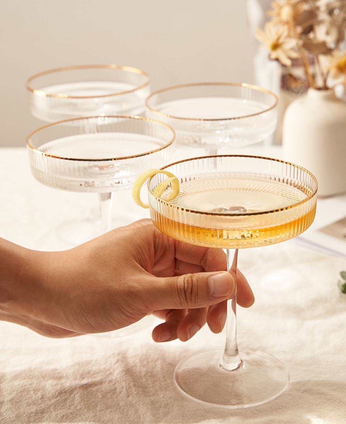 The Wine Savant Ribbed Art Deco Gilded Crystal Martini & Champagne Coupe Glasses, Set Of 4 In Clear,gold