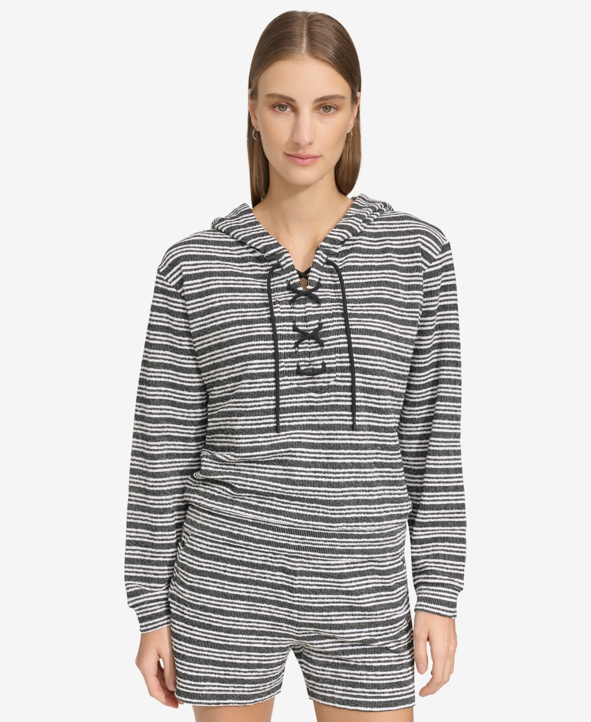 Shop Marc New York Andrew Marc Sport Women's Heritage Striped Lace-up Hoodie In Black,white Combo