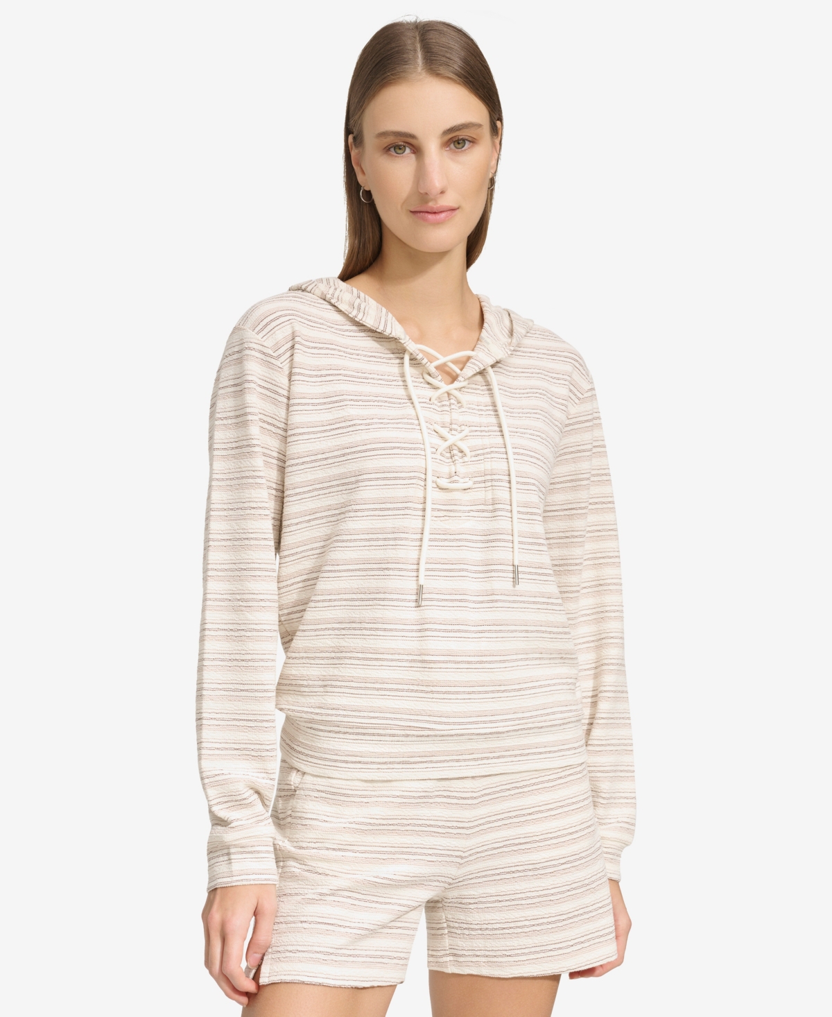 Shop Marc New York Andrew Marc Sport Women's Heritage Striped Lace-up Hoodie In Oatmeal Combo