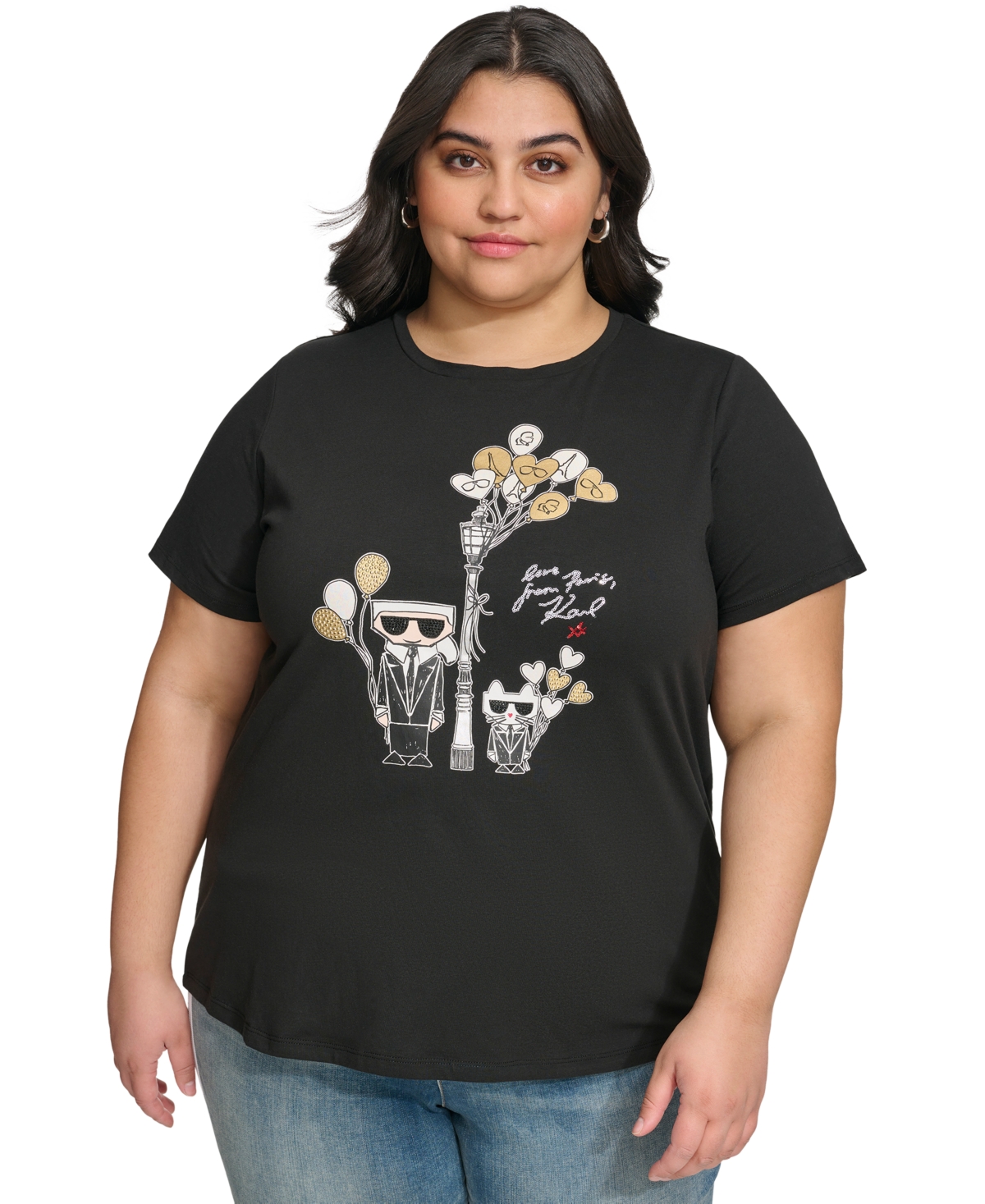Shop Karl Lagerfeld Plus Size Embellished Graphic-print T-shirt, First@macy's In Black,gold