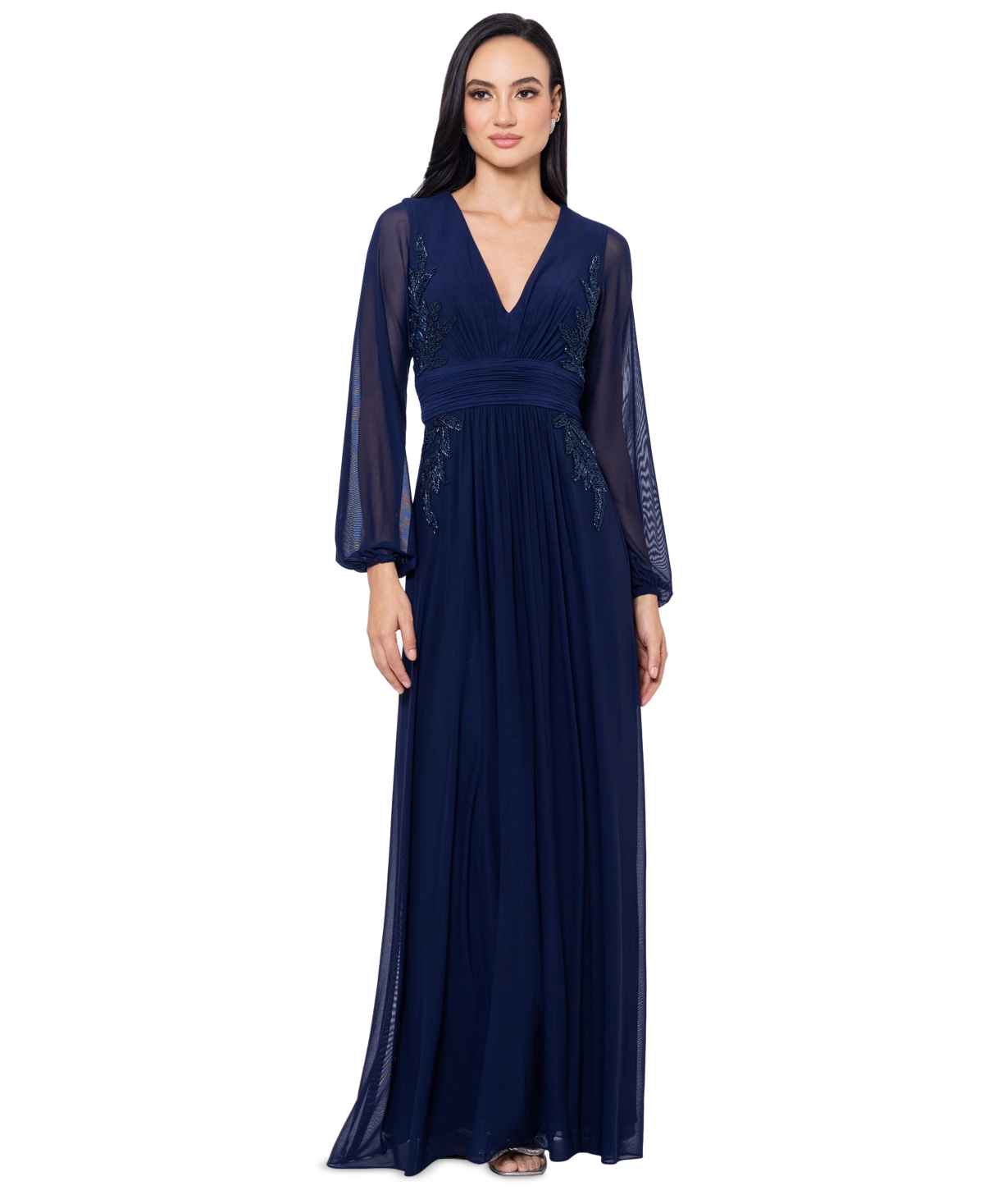 Betsy & Adam Women's V-neck Embroidered Chiffon Gown In Navy
