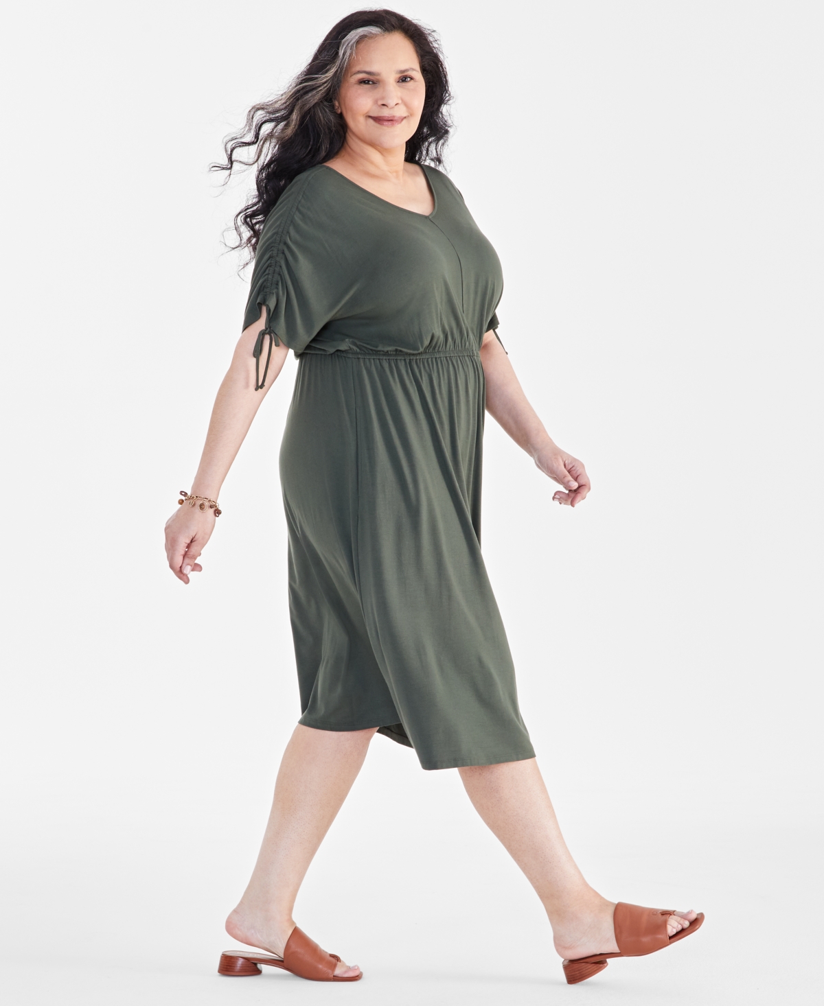 Style & Co Plus Size V-Neck Shirred-Sleeve Dress, Created for Macy's