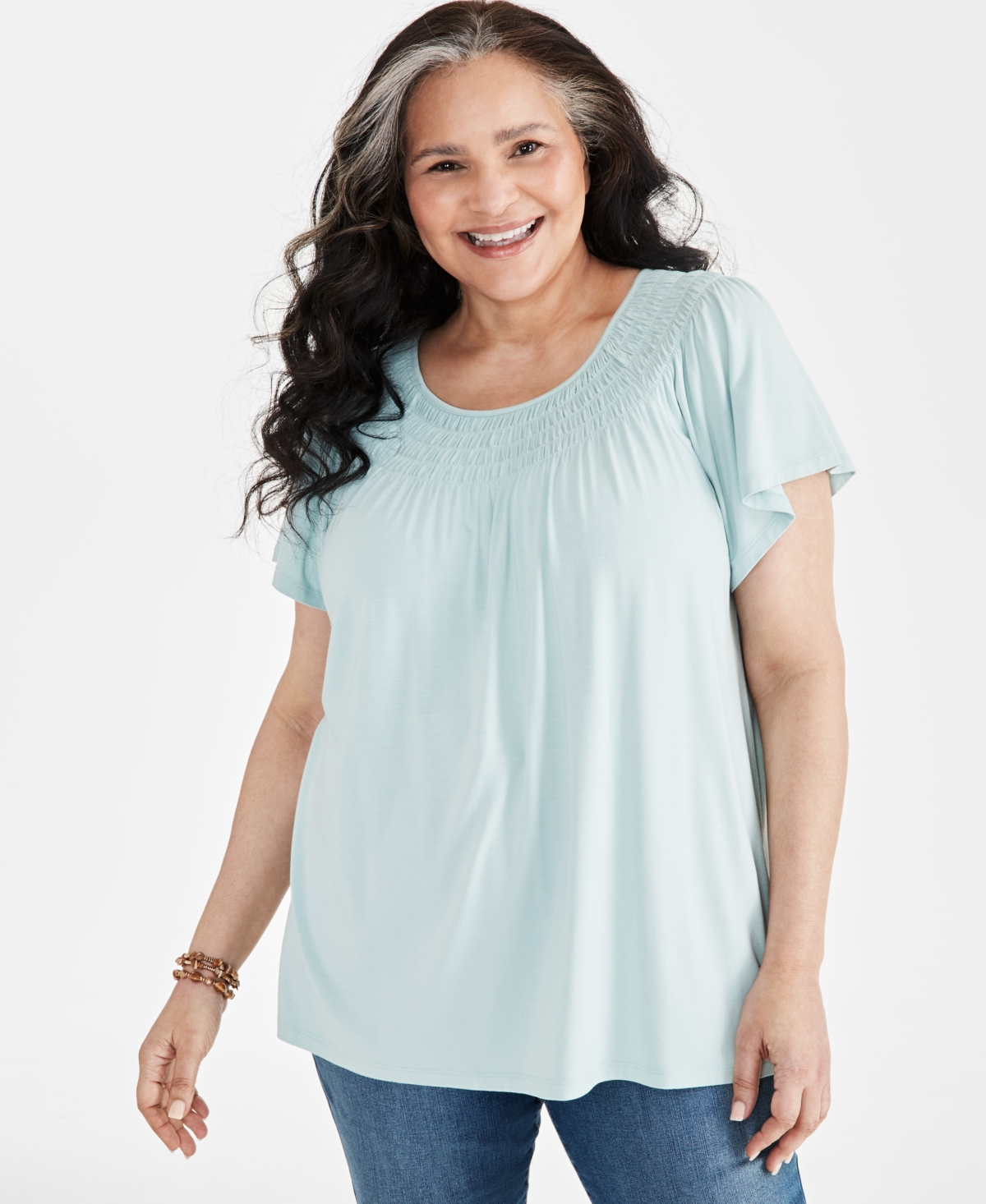 Shop Style & Co Plus Size Gathered Scoop-neck Flutter-sleeve Top, Created For Macy's In Harbor Gray