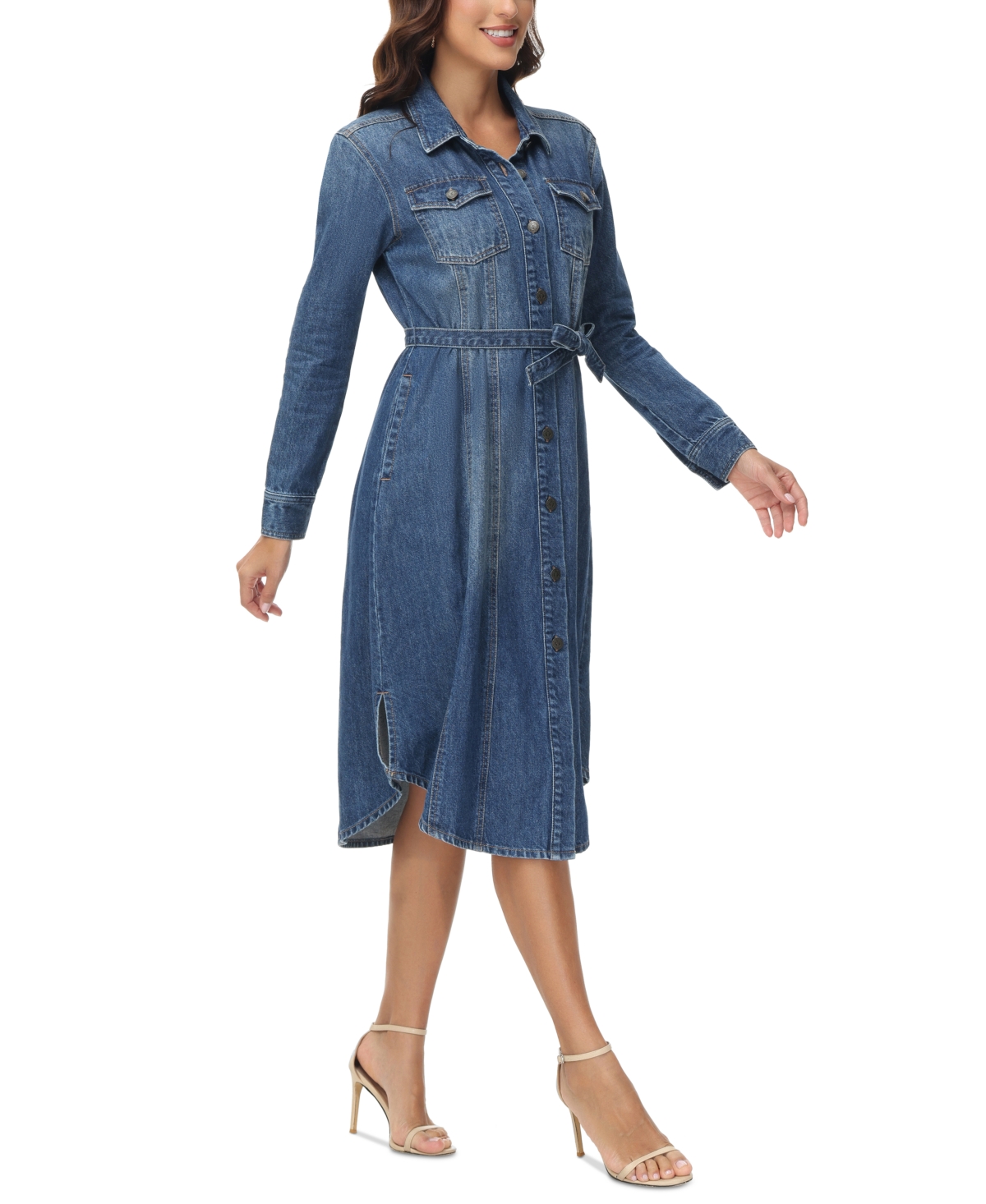 Shop Frye Women's Belted Denim Long-sleeve Midi Shirtdress In Amari Wash