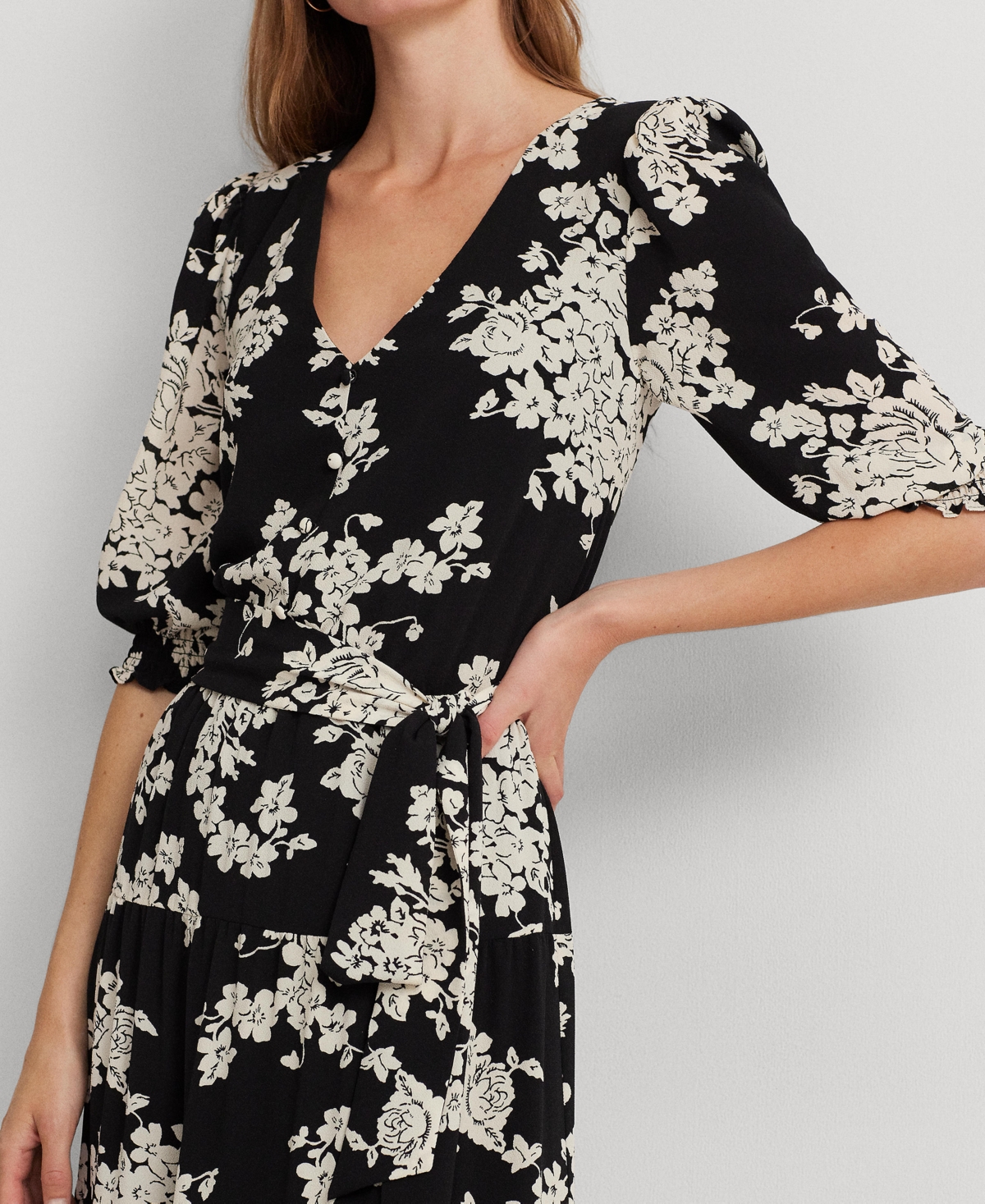 Shop Lauren Ralph Lauren Women's Floral Belted Bubble Crepe Dress In Black,cream