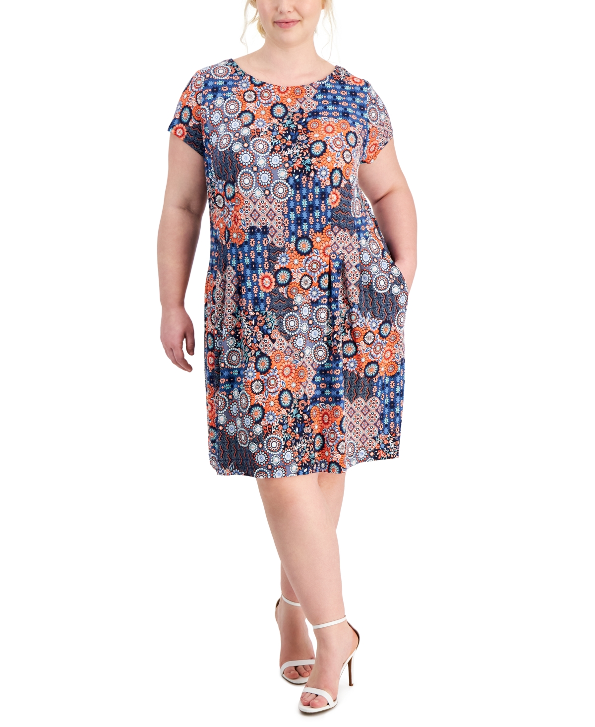 Plus Size Printed Fit & Flare Dress - Orange