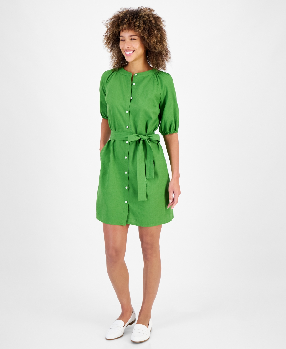 Women's Linen-Blend Puff-Sleeve Shirtdress - Salted Lim