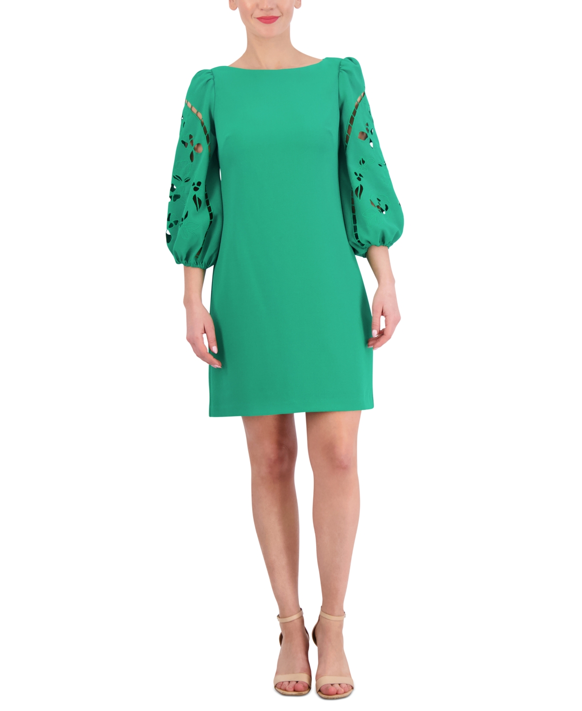 Women's Signature Stretch Crepe Embroidered-Sleeve Shift Dress - Green