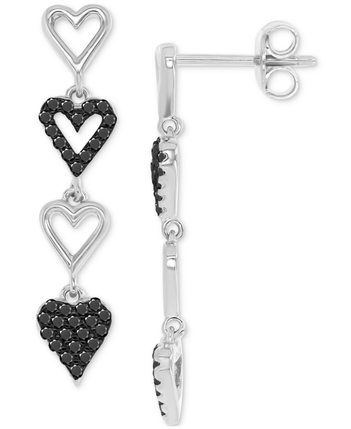 Shop Macy's Black Spinel & Polished Heart Linear Drop Earrings (3/8 Ct. T.w.) In Sterling Silver