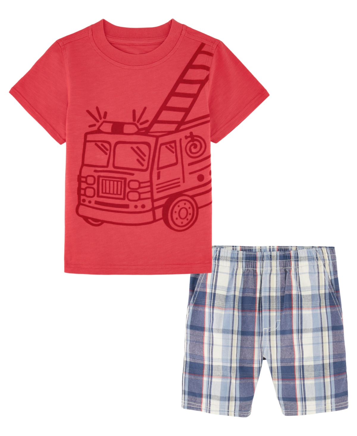 Shop Kids Headquarters Toddler Boys Firetruck Short Sleeve T-shirt And Prewashed Plaid Shorts In Red,plaid