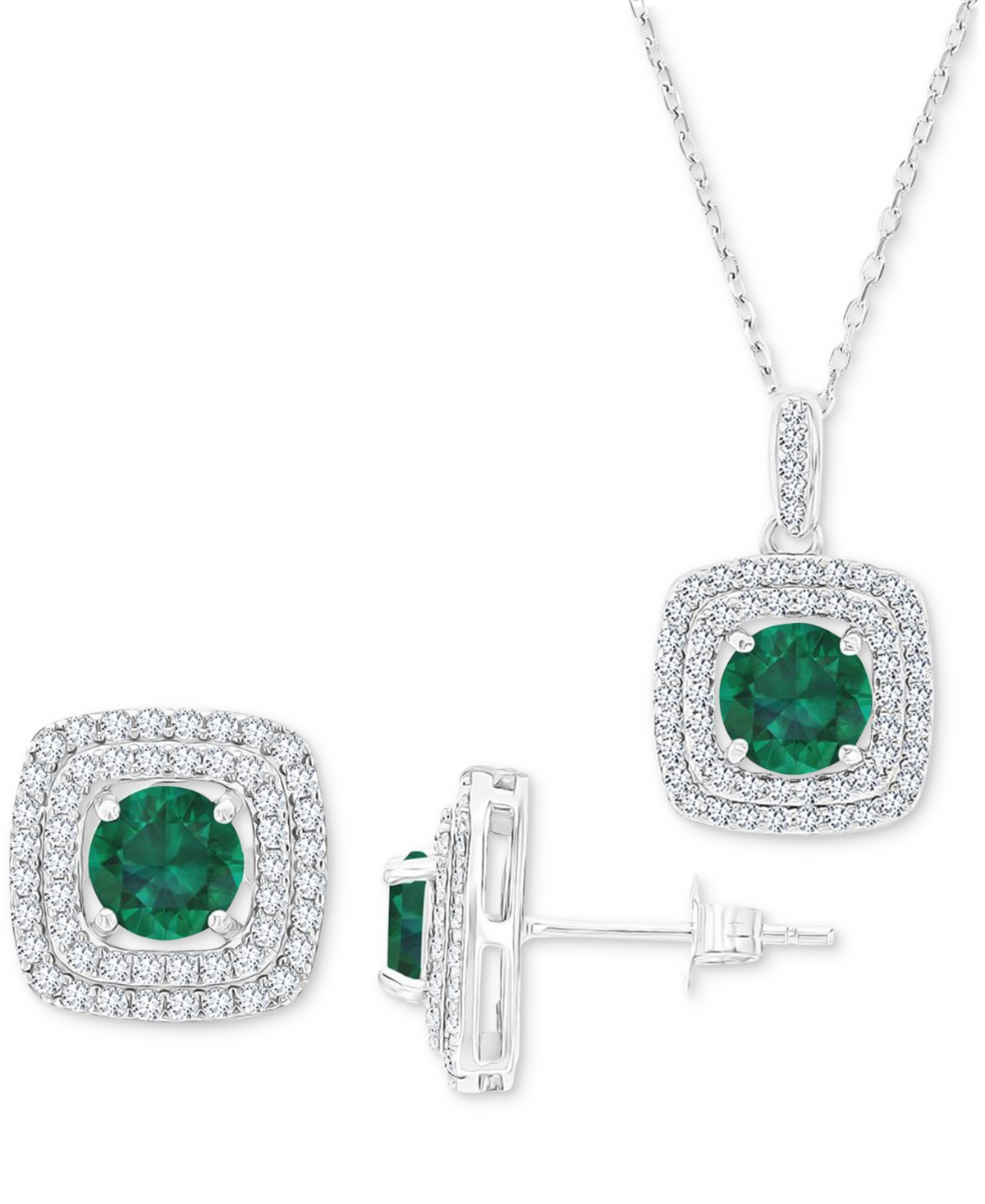 Macy's 2-pc. Set Lab-grown Emerald (3 Ct. T.w.) & Lab-grown White Sapphire (7/8 Ct. T.w.) Square Halo Penda