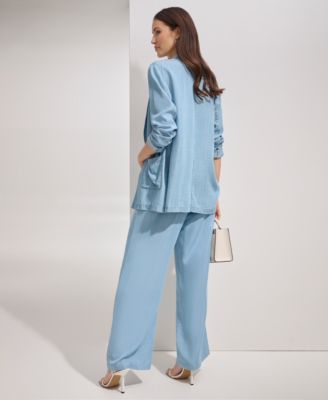 Shop Dkny Womens One Button Long Sleeve Jacket Zip Front Puff Sleeve Blouse Chambray Wide Leg Pants In Glacier