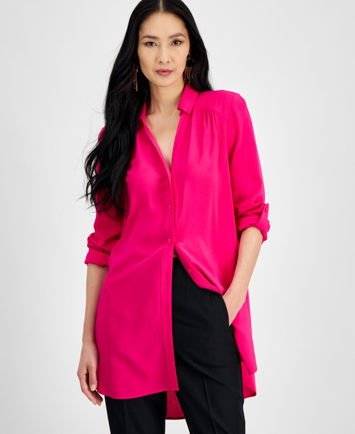 Inc International Concepts Women's Roll-tab Button-down Long Blouse, Created For Macy's In Pink Dragonfruit