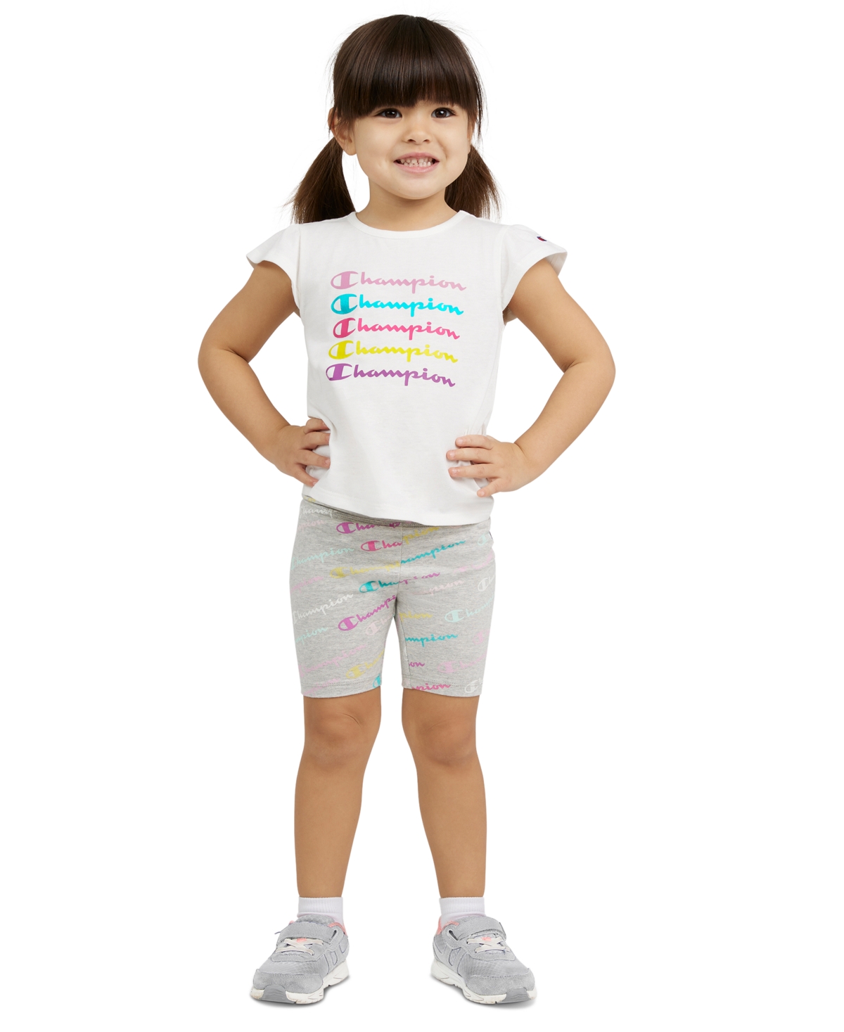Champion Kids' Toddler & Little Girls Logo Graphic T-shirt & Logo-print Bike Shorts, 2 Piece Set In Bright White