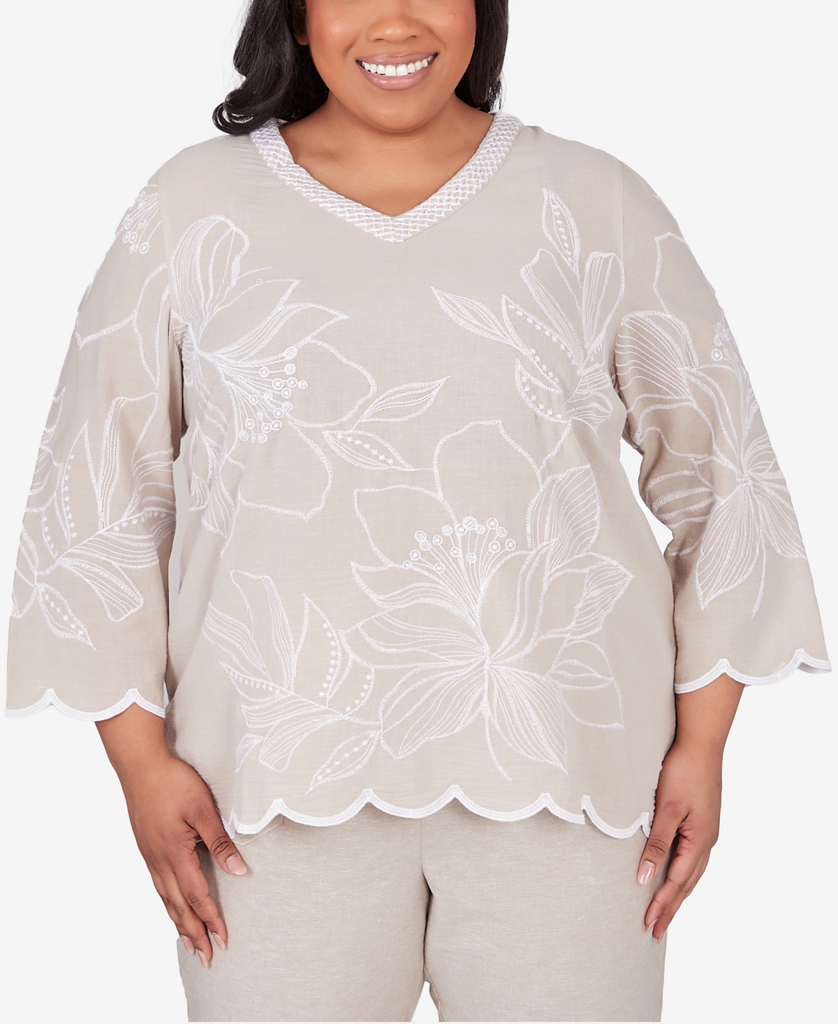 Shop Alfred Dunner Plus Size Garden Party V-neck Embroidered Floral Top In Stone