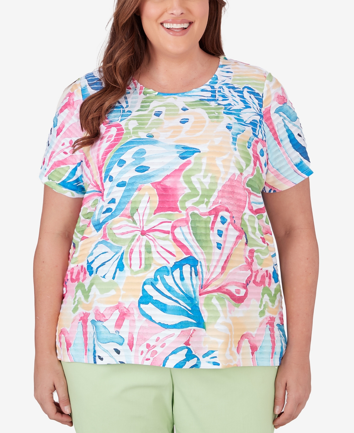 Shop Alfred Dunner Plus Size Miami Beach Tropical Abstract Mini Ruffle Top In Multi