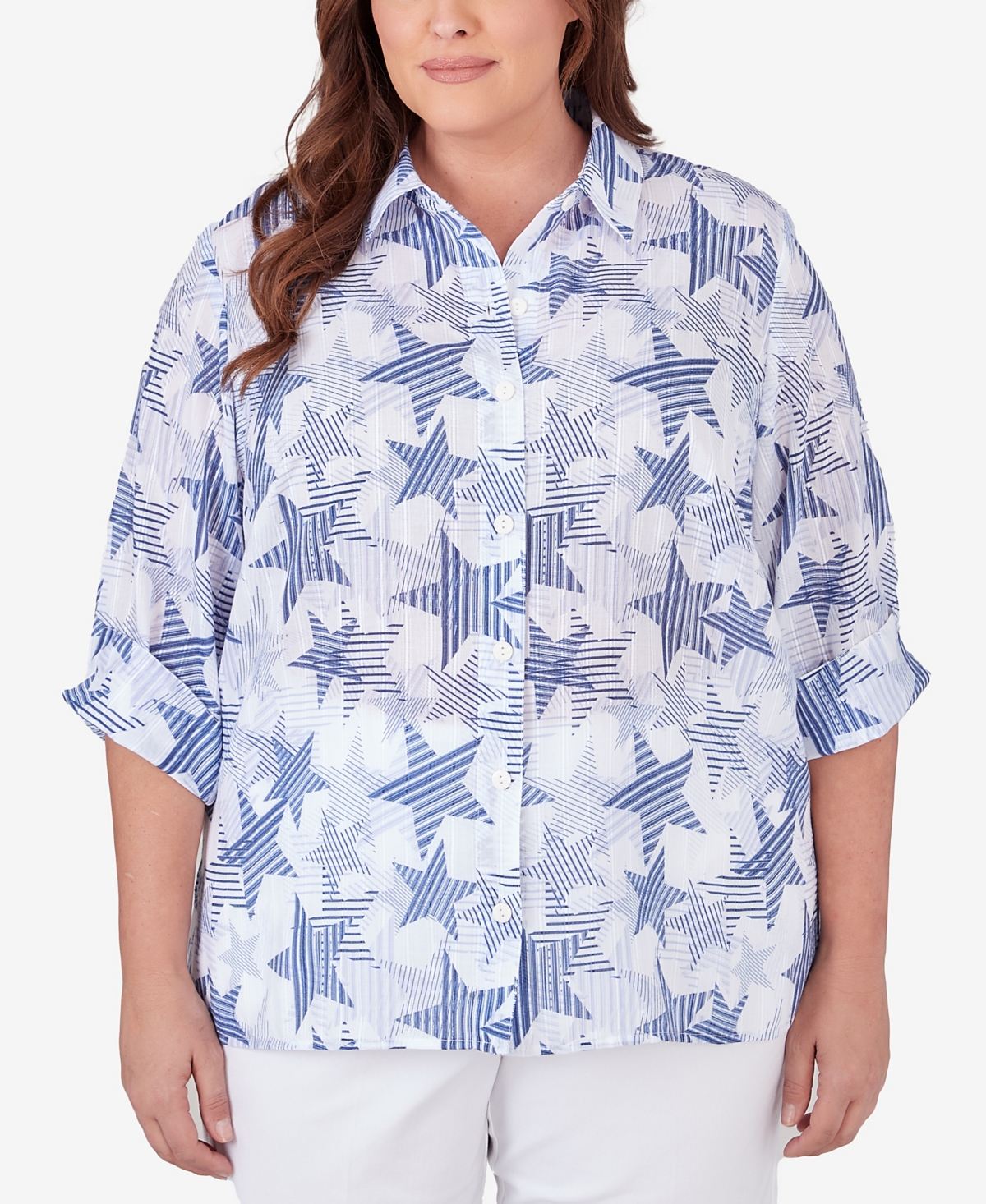Alfred Dunner Plus Size All American Stars And Stripe Button Down Blouse In Blue