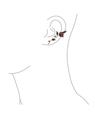 3D Wire Reddish Pink Cubic Zirconia Micro Pave Flower Red Rose Flower Helix Ear Pin Climber Crawler Cartilage Lobe Earrings Rose Gold Plated Brass