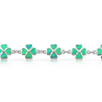 Created Synthetic Opal Inlay Green Shamrock Irish Lucky Clover Leaf Heart Shaped Link Charm Bracelet Sterling Silver