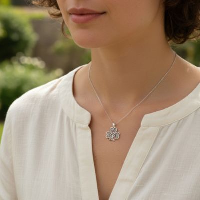 Saint Patrick's Large Lucky Irish Shamrock Celtic Spiral Heart Clover Pendant Necklace Oxidized Sterling Silver