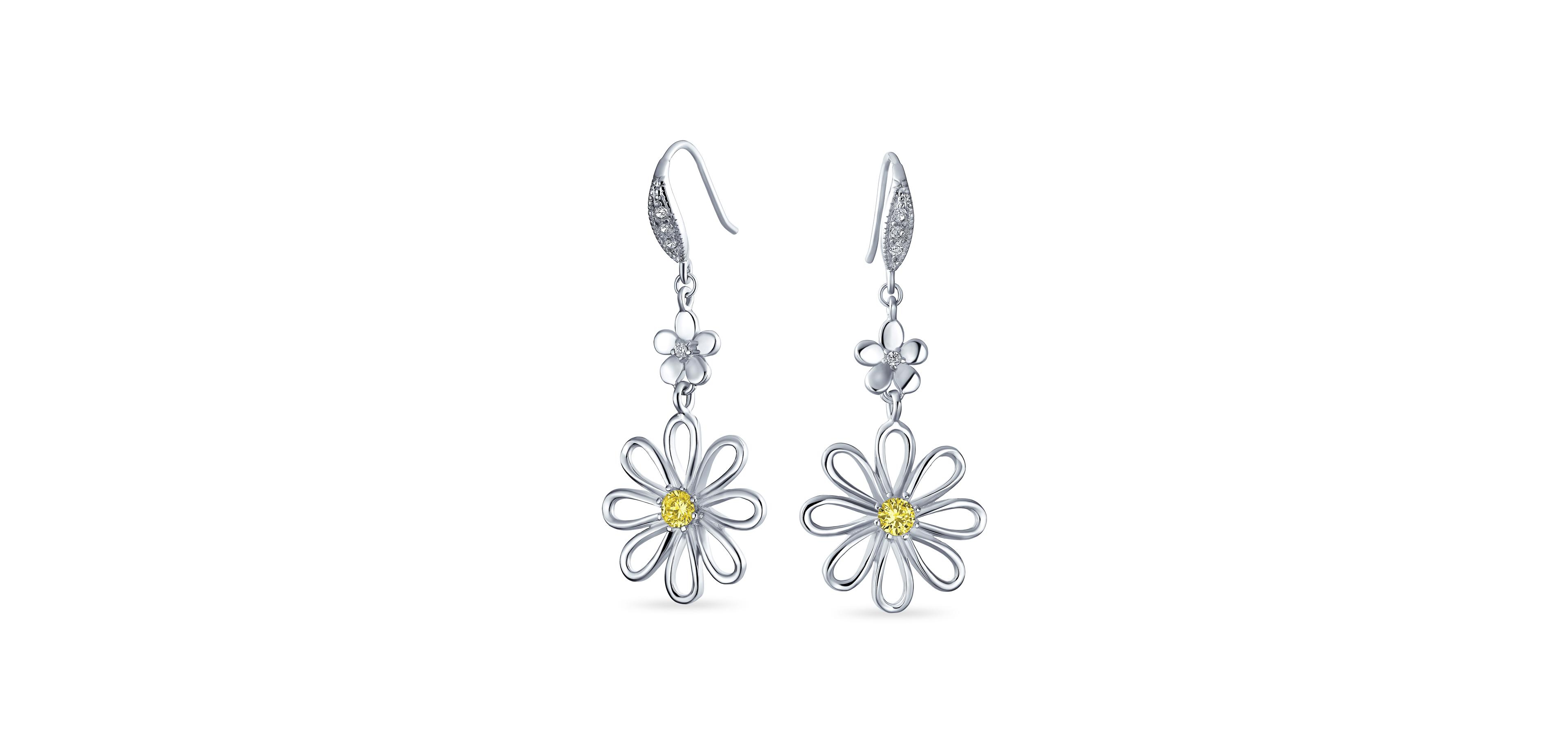 Bling Jewelry Floral Garden Cubic Zirconia Accent Open Flower Shape Cz Daisy Dangle Earrings French Wire Silver Plated