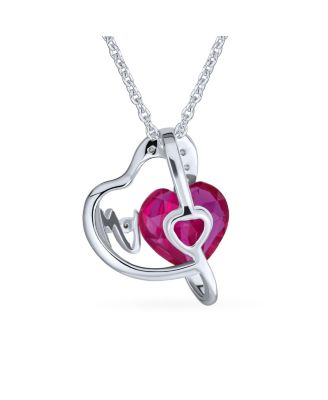 Modern Pave Accent Double Infinity Heart Ruby Red Pink Faceted Crystal Mom Word Heart Necklace Pendant Sterling Silver 1618 Inches Chain