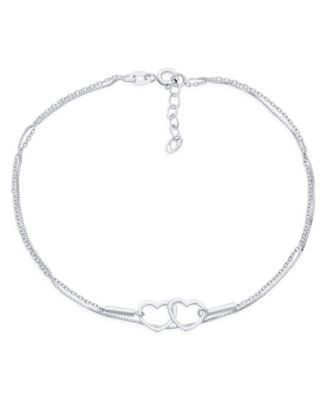 2 in 1 Set Interlocking Open Hearts Double Chain Anklet Ankle Bracelet Sterling Silver Adjustable 9 To 10 Inch With Extender